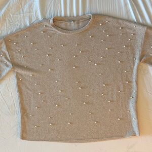 ZARA Pearl Embellished Sweater Beige Knit Crewneck Small